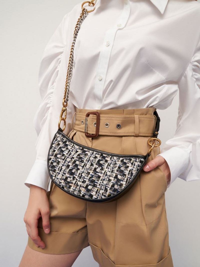 Geanta Crossbody Charles & Keith Dancer Tweed Crescent Bleumarin | 435APRHIW