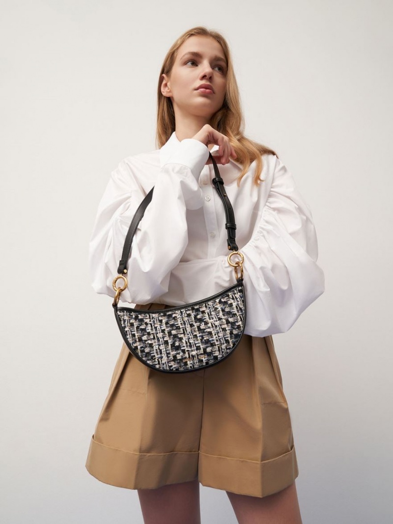 Geanta Crossbody Charles & Keith Dancer Tweed Crescent Bleumarin | 435APRHIW