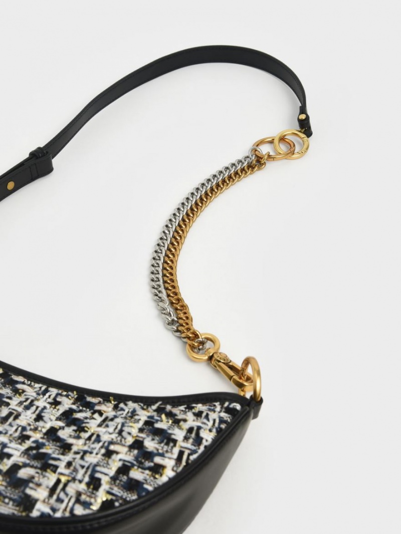 Geanta Crossbody Charles & Keith Dancer Tweed Crescent Bleumarin | 435APRHIW
