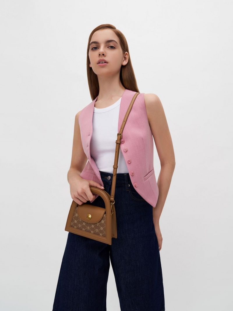 Geanta Crossbody Charles & Keith Este Printed Trapeze Ciocolata | 245VNBRMX
