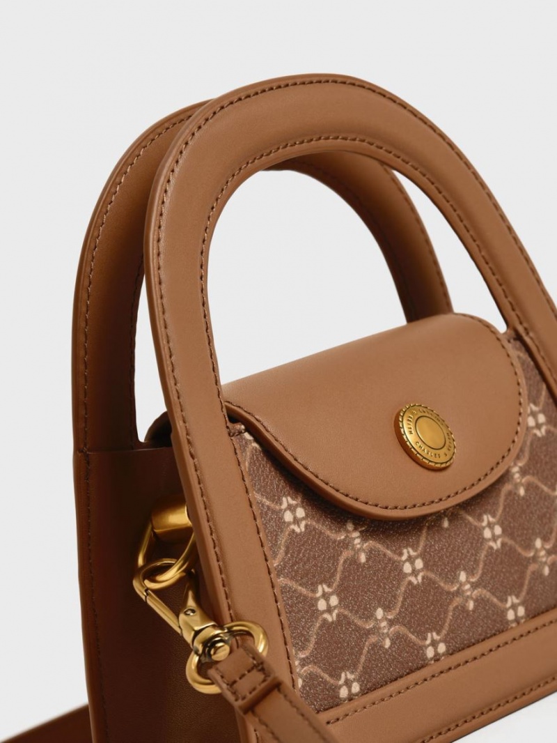 Geanta Crossbody Charles & Keith Este Printed Trapeze Ciocolata | 245VNBRMX
