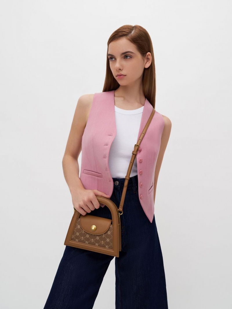 Geanta Crossbody Charles & Keith Este Printed Trapeze Ciocolata | 245VNBRMX