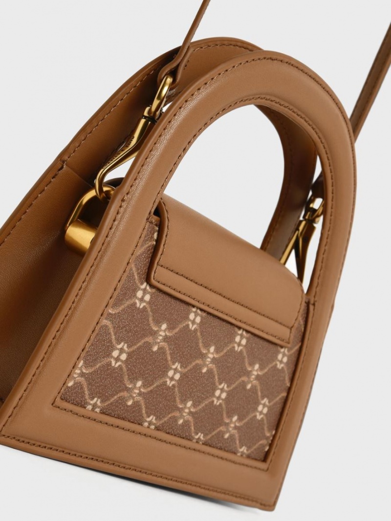 Geanta Crossbody Charles & Keith Este Printed Trapeze Ciocolata | 245VNBRMX
