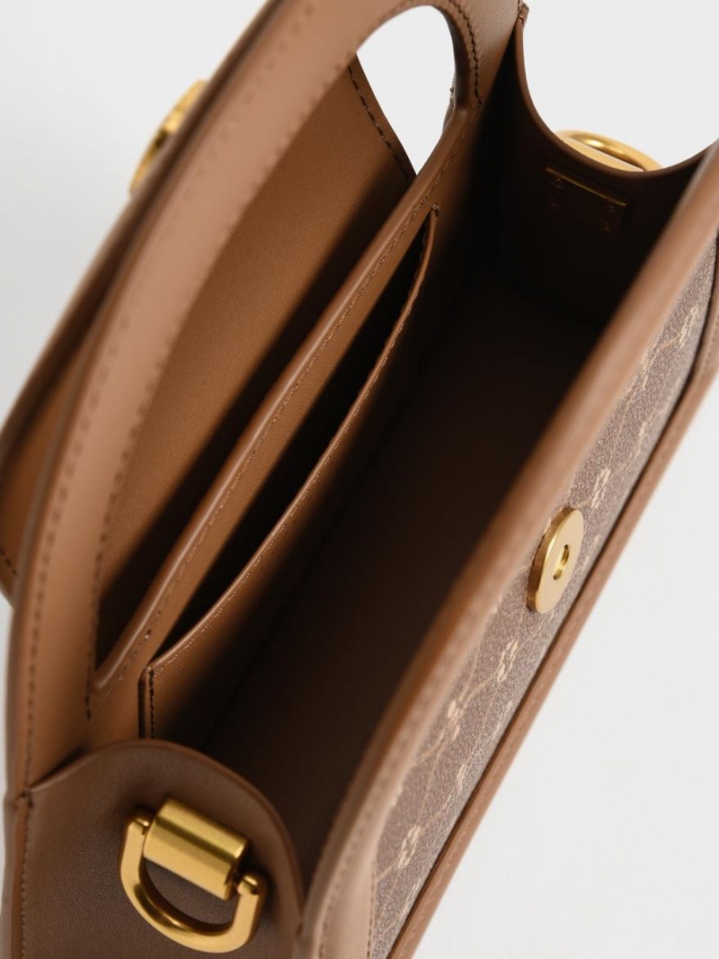 Geanta Crossbody Charles & Keith Este Printed Trapeze Ciocolata | 245VNBRMX