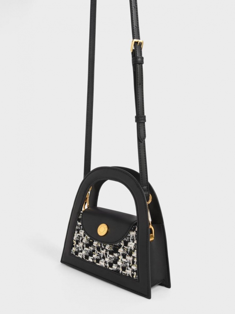 Geanta Crossbody Charles & Keith Este Tweed Trapeze Negrii | 436OZCVEL