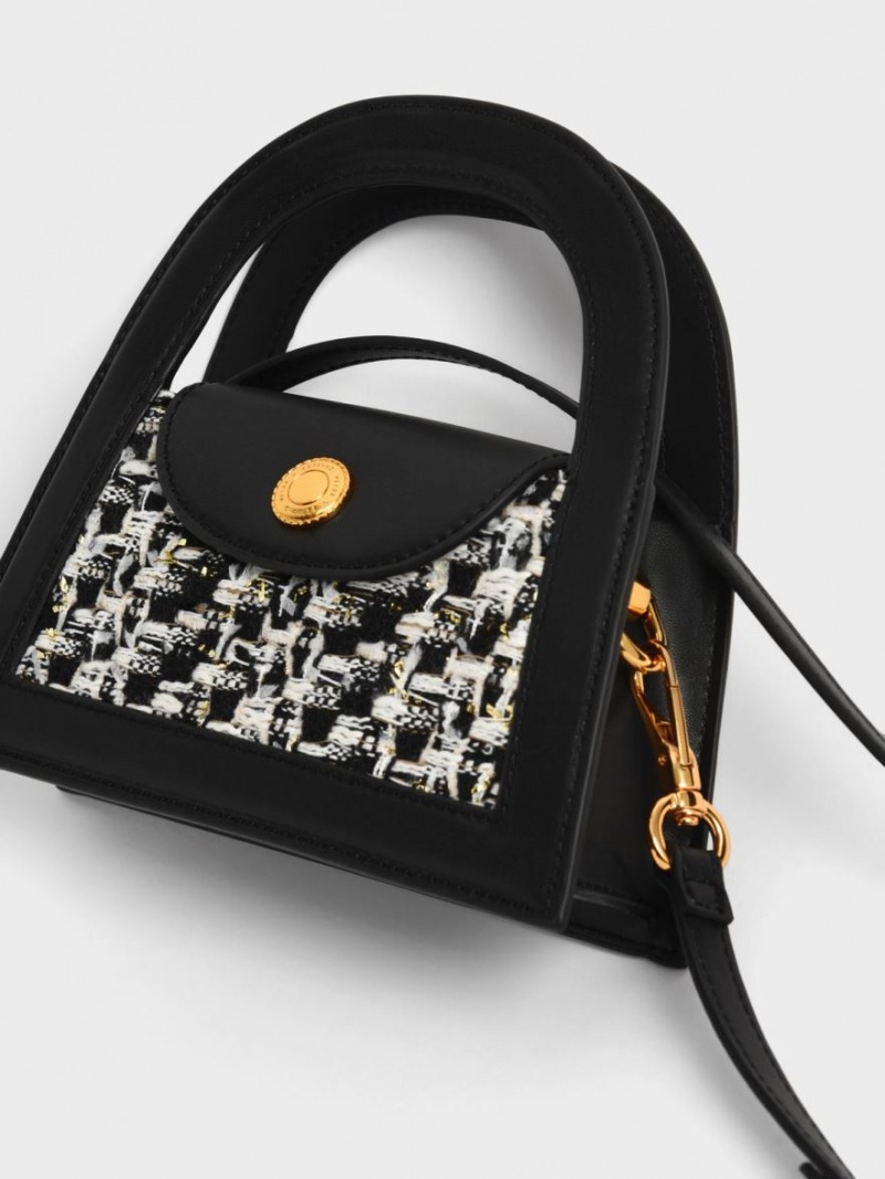 Geanta Crossbody Charles & Keith Este Tweed Trapeze Negrii | 436OZCVEL