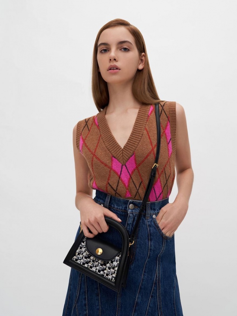 Geanta Crossbody Charles & Keith Este Tweed Trapeze Negrii | 436OZCVEL