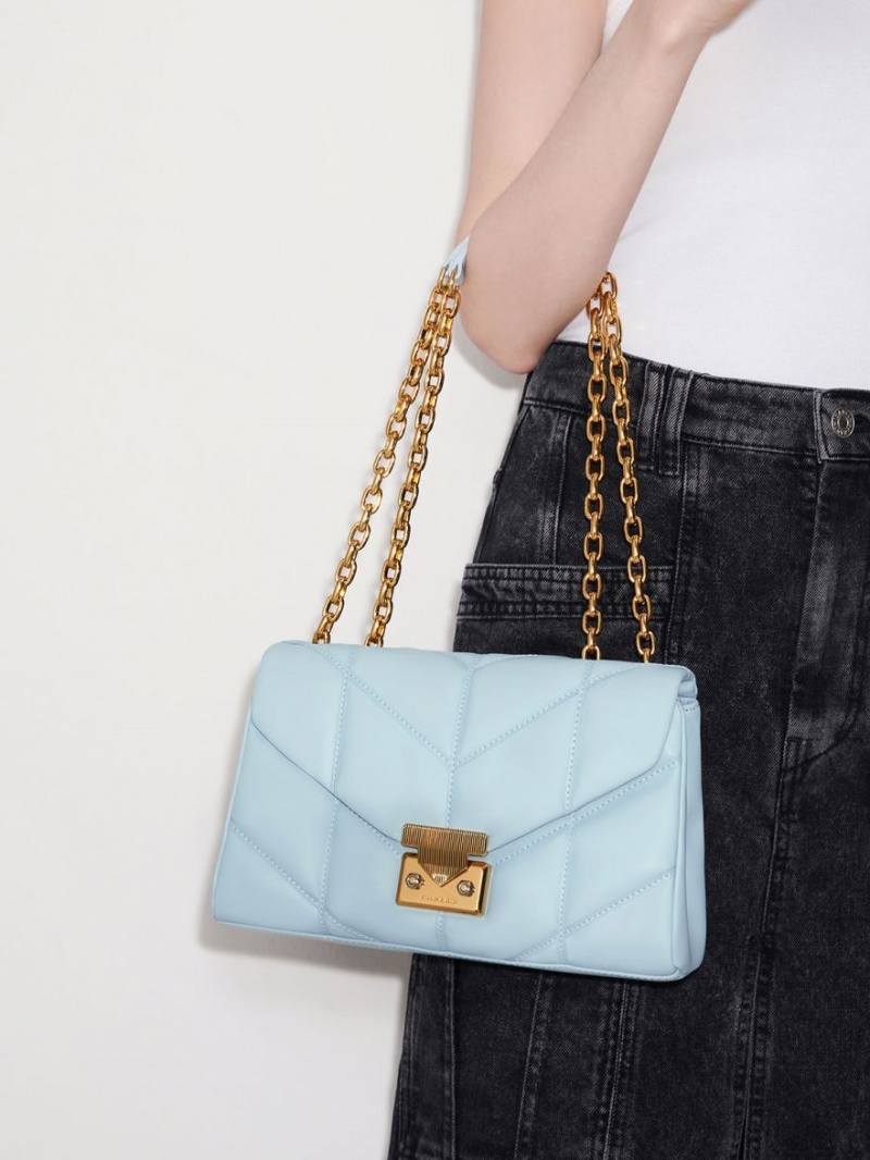 Geanta Crossbody Charles & Keith Eudora Chevron Trapeze Albastri | 326OGUMTF