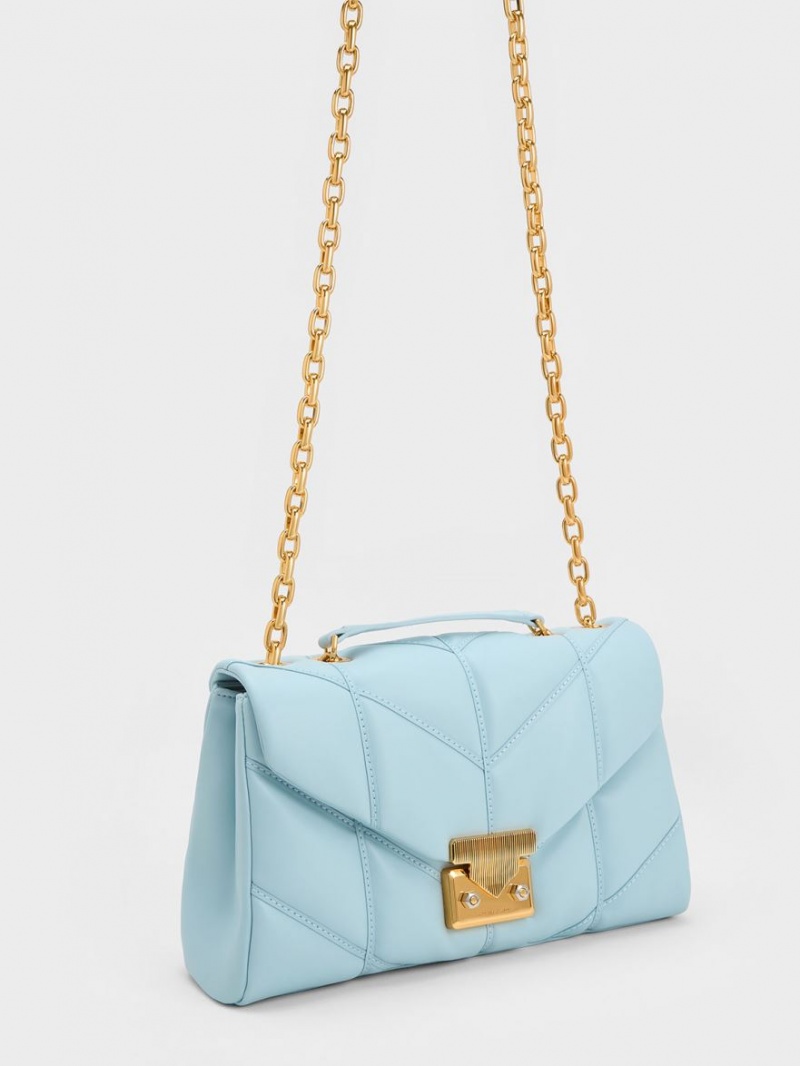 Geanta Crossbody Charles & Keith Eudora Chevron Trapeze Albastri | 326OGUMTF