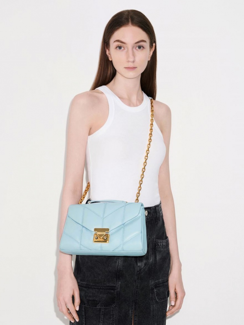 Geanta Crossbody Charles & Keith Eudora Chevron Trapeze Albastri | 326OGUMTF