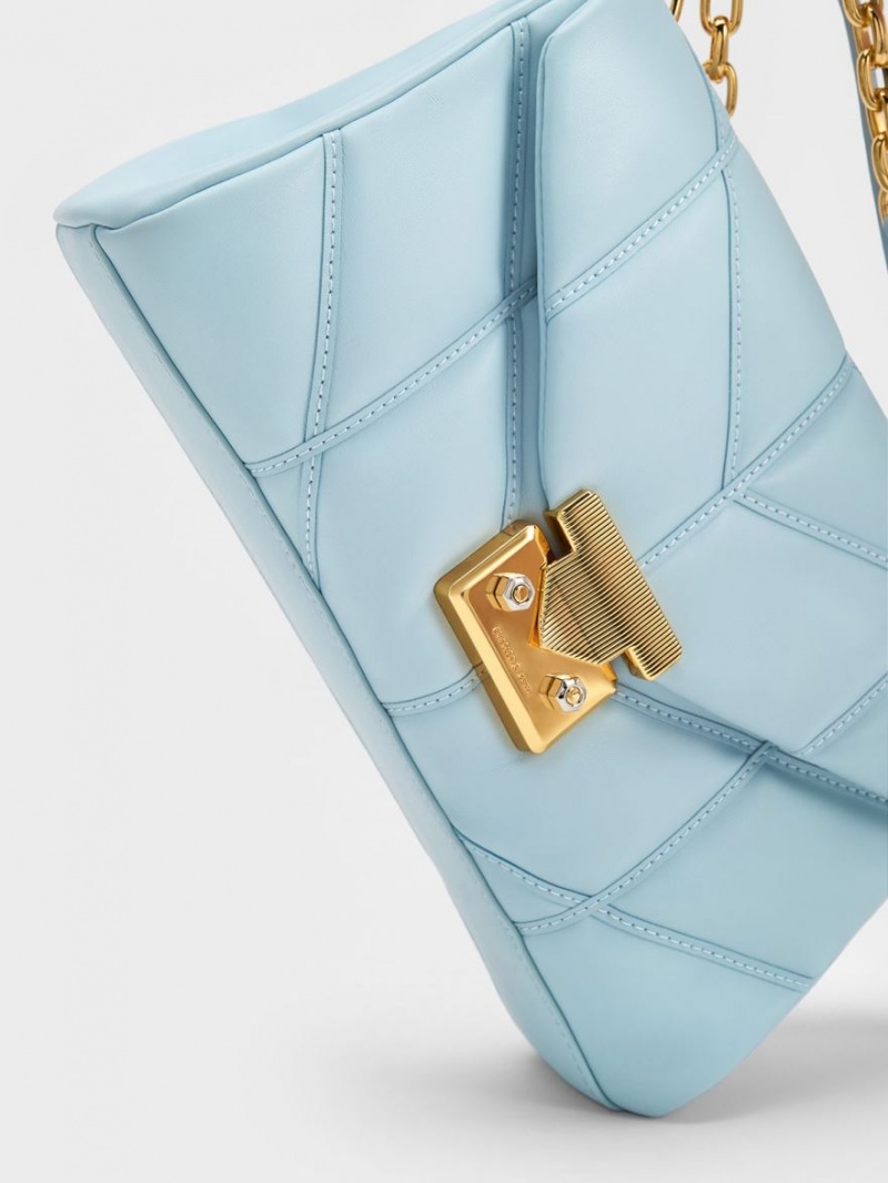 Geanta Crossbody Charles & Keith Eudora Chevron Trapeze Albastri | 326OGUMTF