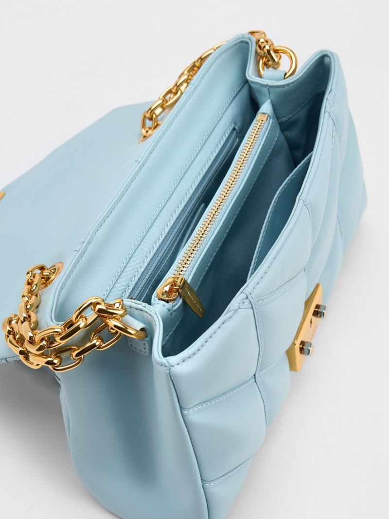 Geanta Crossbody Charles & Keith Eudora Chevron Trapeze Albastri | 326OGUMTF