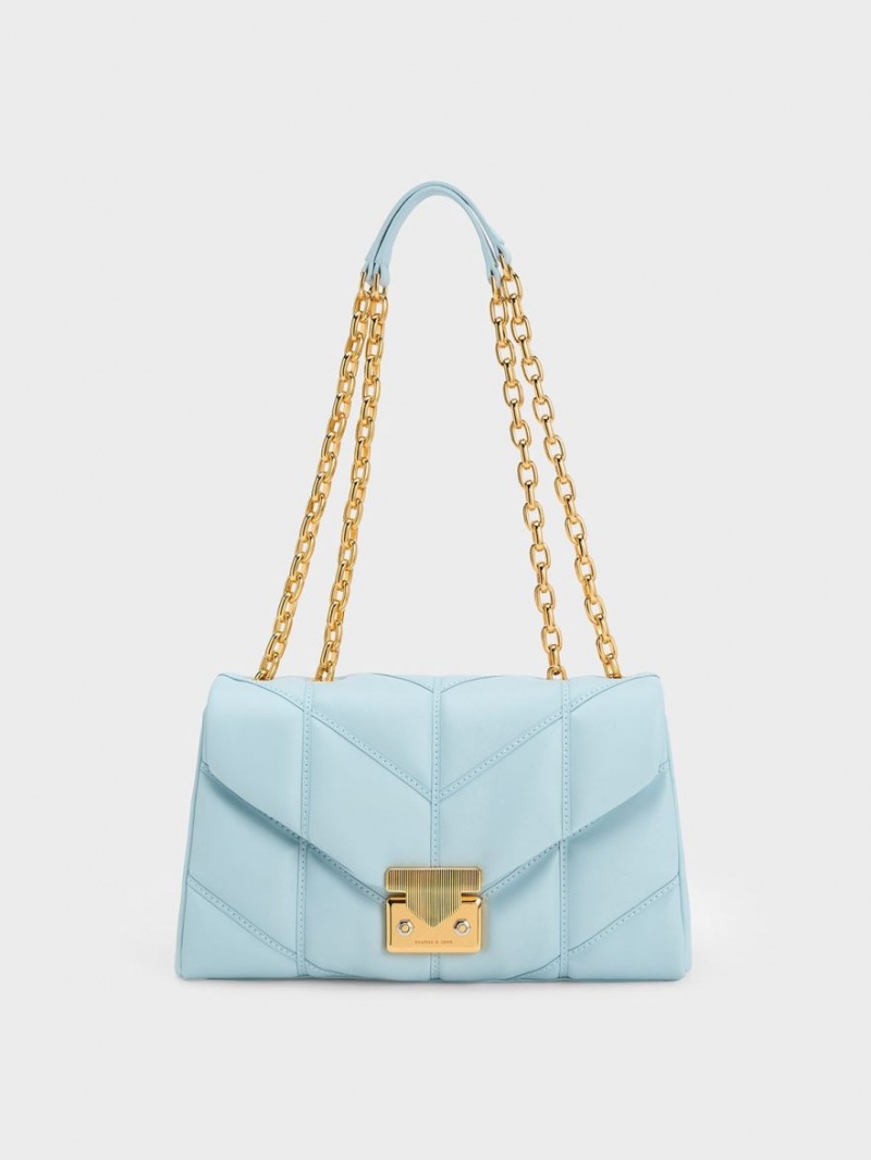 Geanta Crossbody Charles & Keith Eudora Chevron Trapeze Albastri | 326OGUMTF