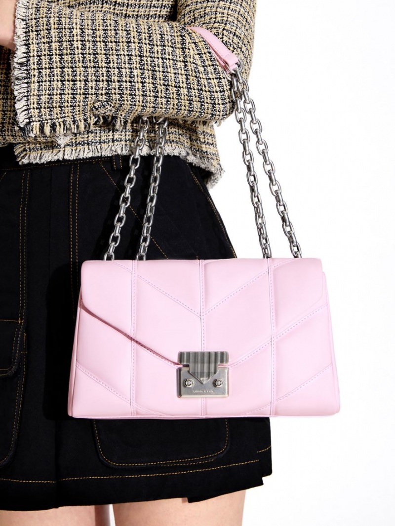 Geanta Crossbody Charles & Keith Eudora Chevron Trapeze Roz | 932IOXFYC