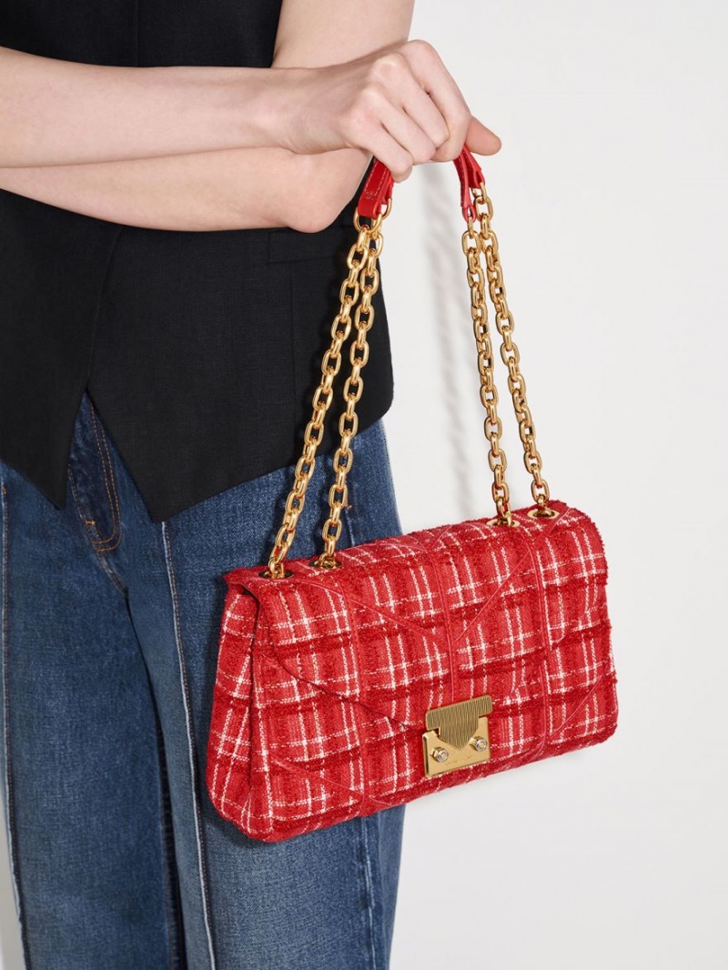 Geanta Crossbody Charles & Keith Eudora Tweed Trapeze Rosii | 067ANYQWM