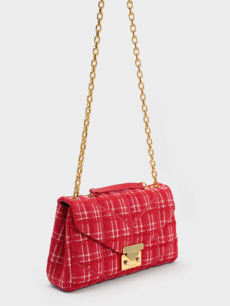 Geanta Crossbody Charles & Keith Eudora Tweed Trapeze Rosii | 067ANYQWM