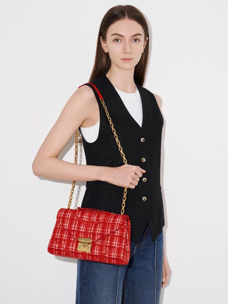 Geanta Crossbody Charles & Keith Eudora Tweed Trapeze Rosii | 067ANYQWM
