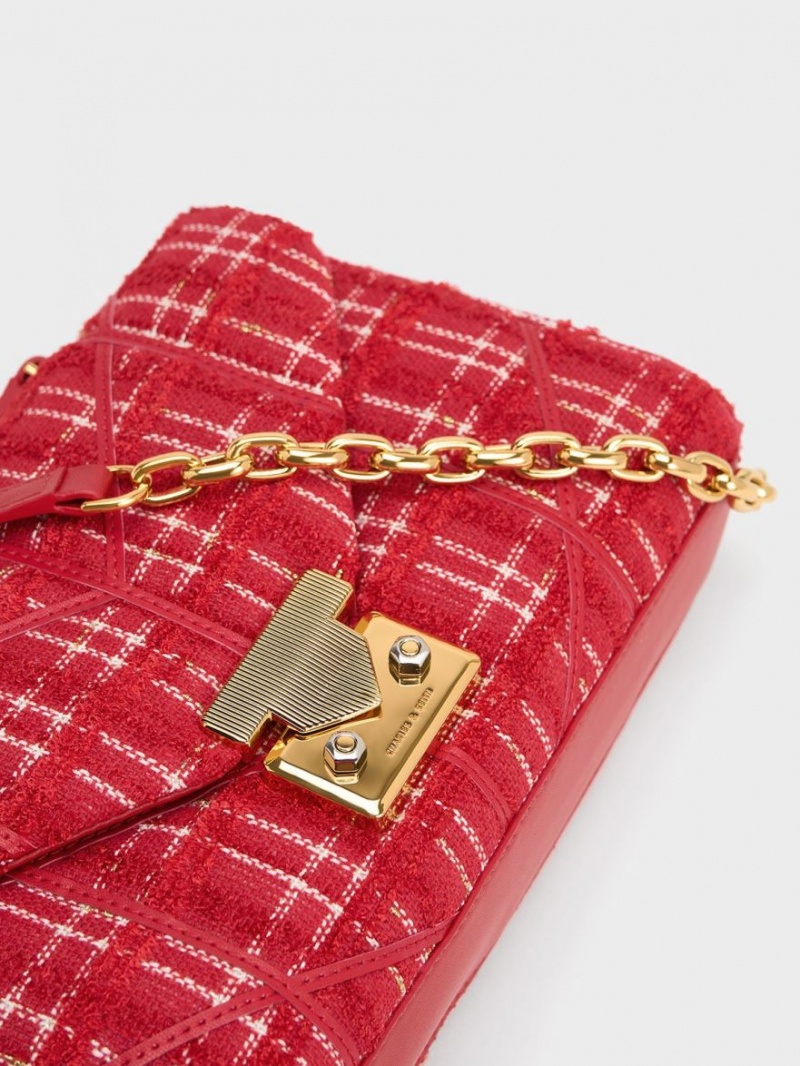 Geanta Crossbody Charles & Keith Eudora Tweed Trapeze Rosii | 067ANYQWM