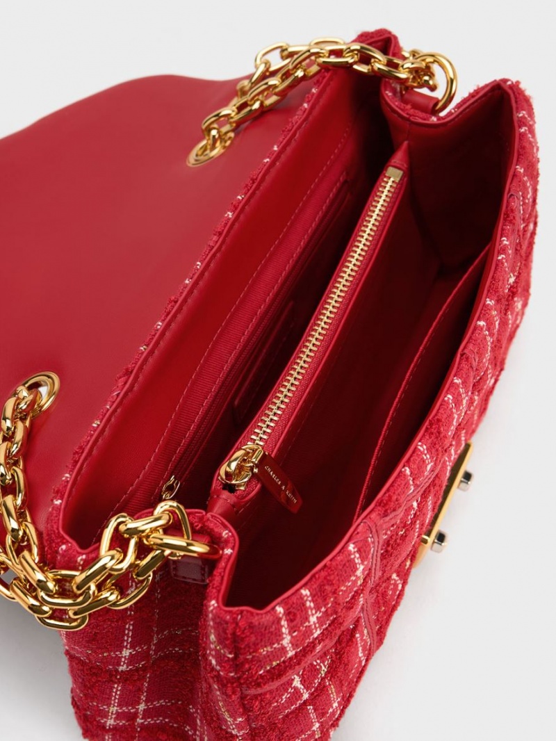 Geanta Crossbody Charles & Keith Eudora Tweed Trapeze Rosii | 067ANYQWM