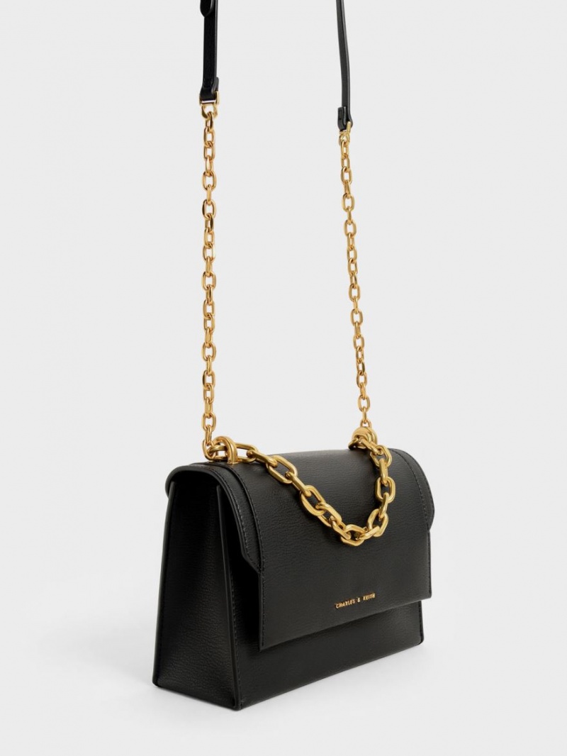 Geanta Crossbody Charles & Keith Front Flap Chain Handle Negrii | 107SDINLO