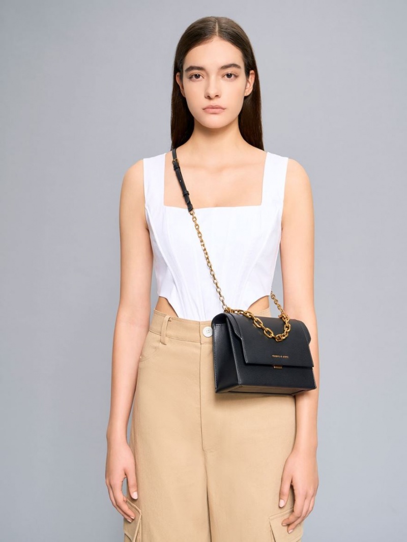 Geanta Crossbody Charles & Keith Front Flap Chain Handle Negrii | 107SDINLO