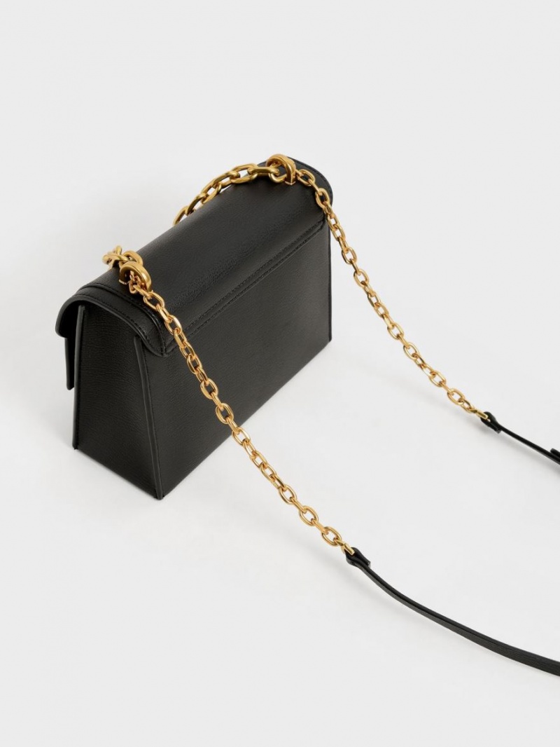 Geanta Crossbody Charles & Keith Front Flap Chain Handle Negrii | 107SDINLO