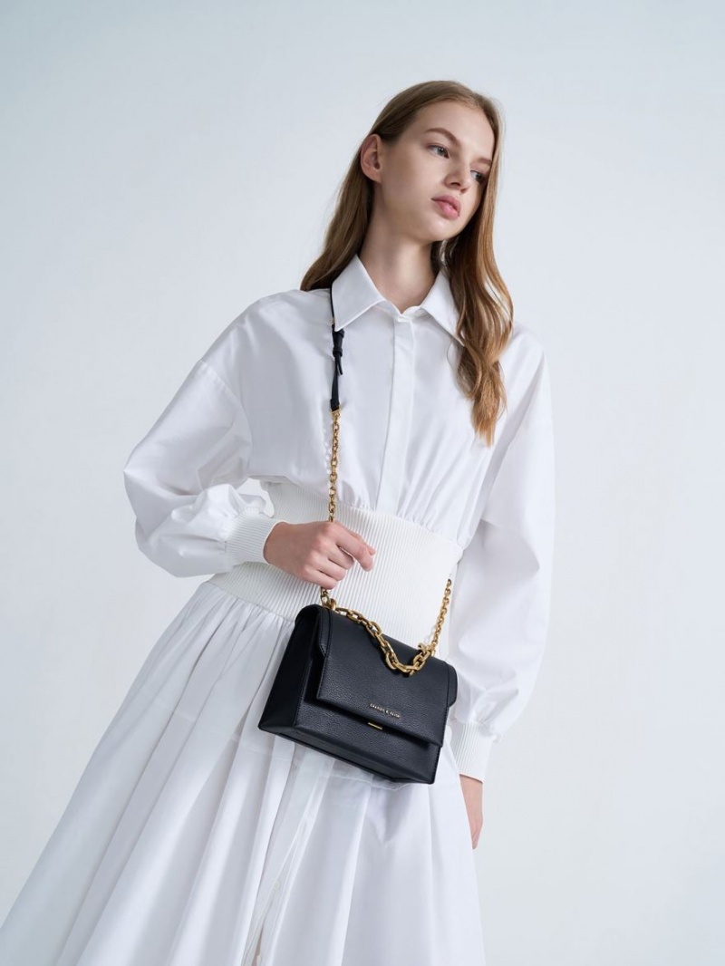 Geanta Crossbody Charles & Keith Front Flap Chain Handle Negrii | 107SDINLO