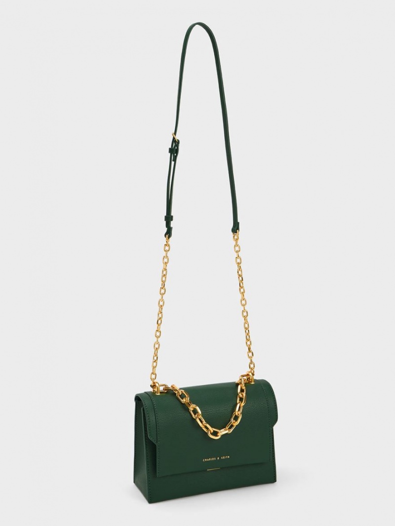Geanta Crossbody Charles & Keith Front Flap Chain Handle Verzi Inchis | 476FMVOYR