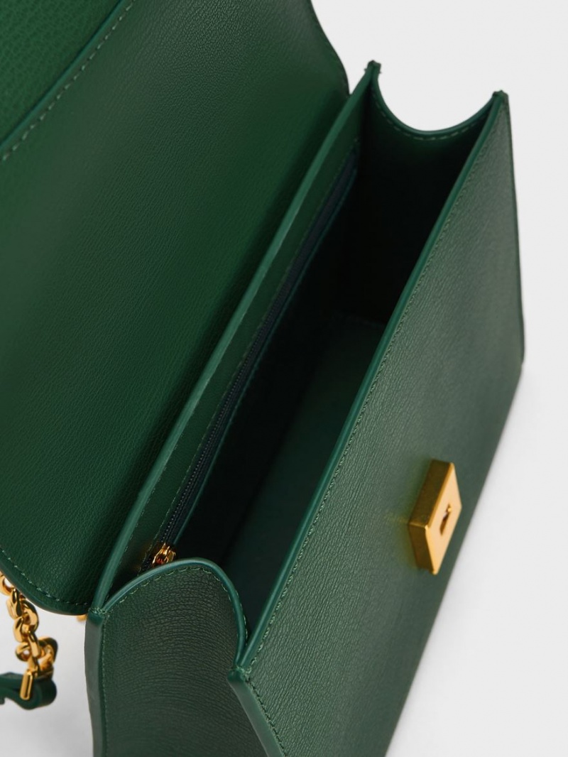 Geanta Crossbody Charles & Keith Front Flap Chain Handle Verzi Inchis | 476FMVOYR