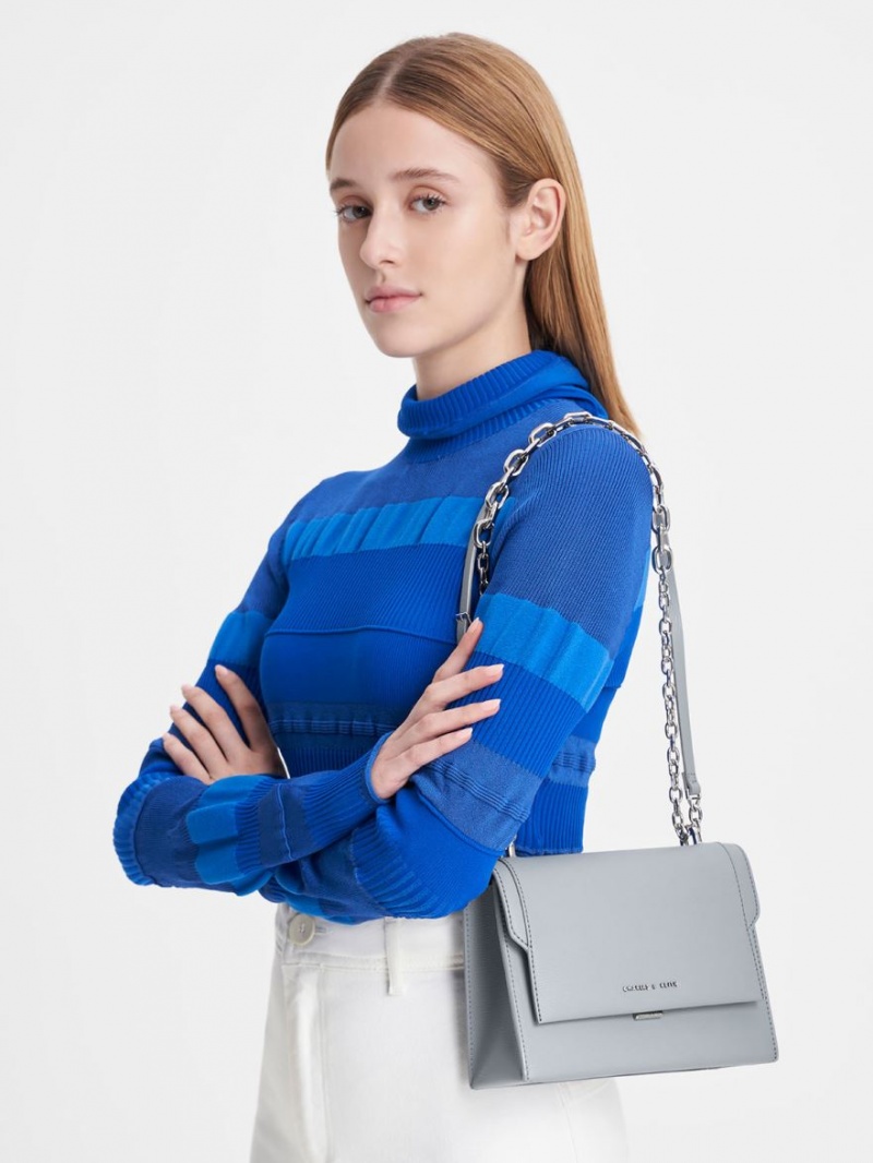 Geanta Crossbody Charles & Keith Front Flap Chain Handle Albastri Deschis | 025TNADRO