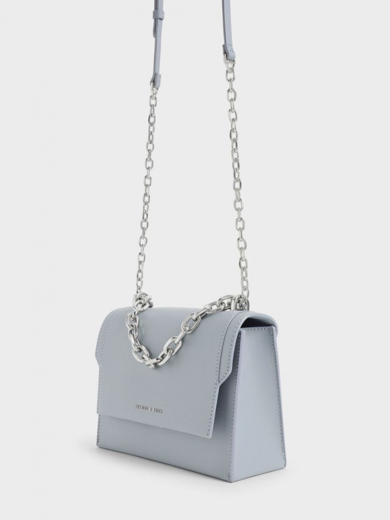 Geanta Crossbody Charles & Keith Front Flap Chain Handle Albastri Deschis | 025TNADRO