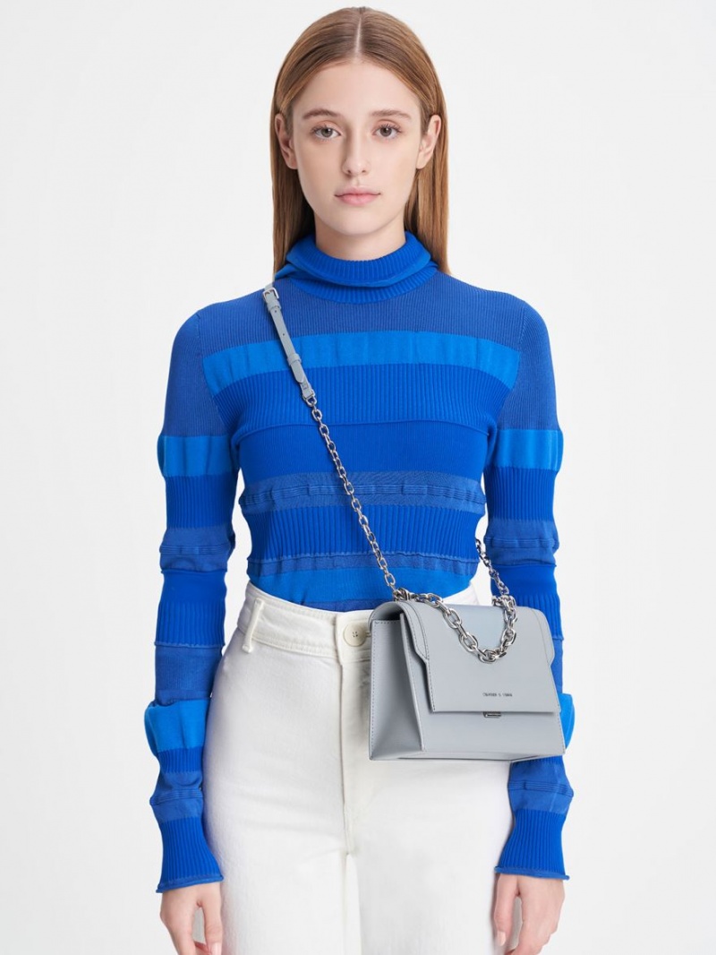Geanta Crossbody Charles & Keith Front Flap Chain Handle Albastri Deschis | 025TNADRO
