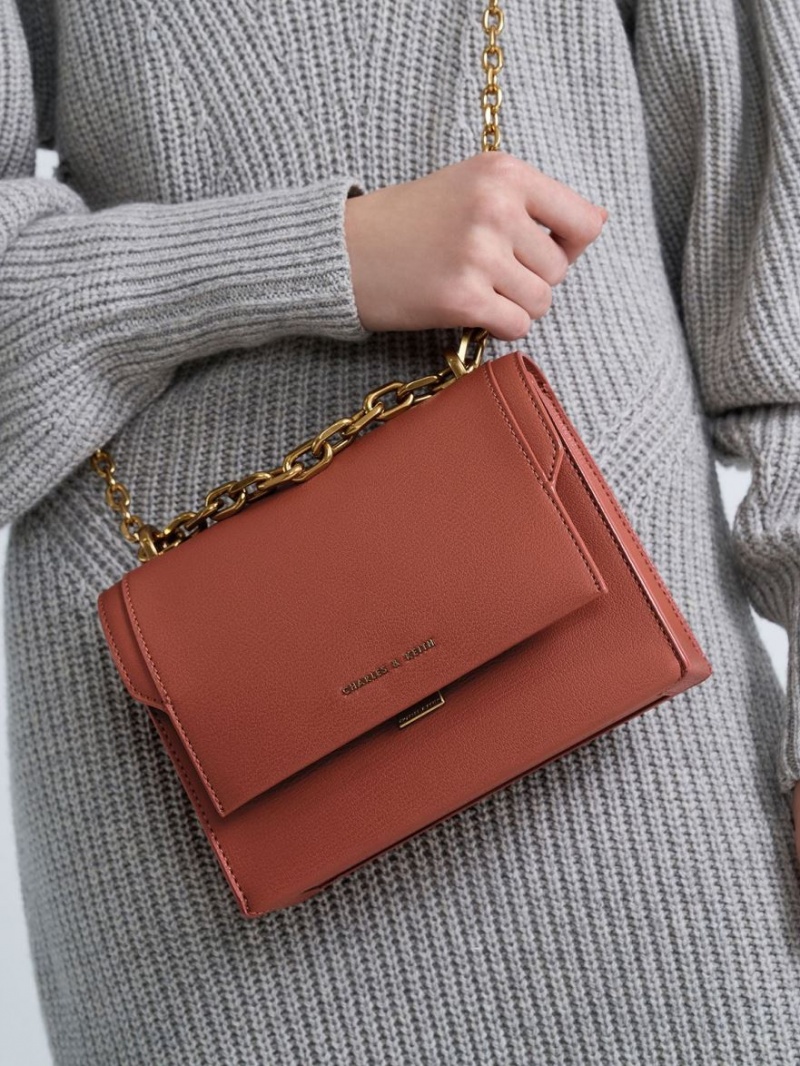 Geanta Crossbody Charles & Keith Front Flap Chain Handle Rosii Inchis | 425WAVECH