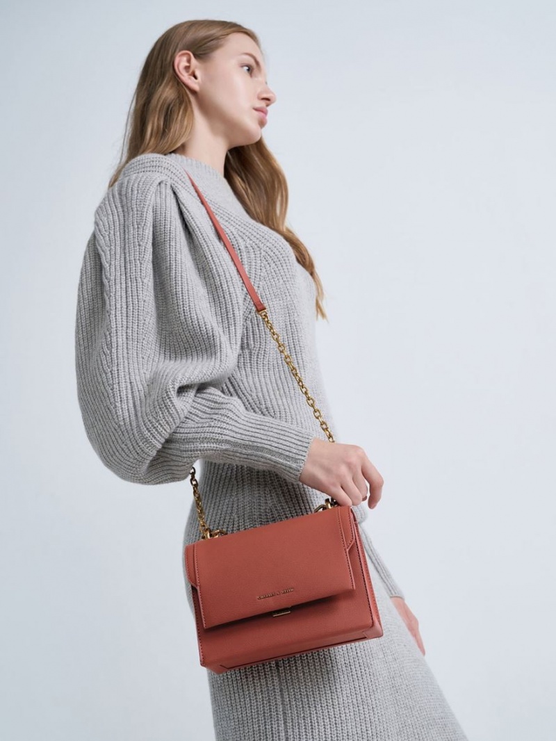 Geanta Crossbody Charles & Keith Front Flap Chain Handle Rosii Inchis | 425WAVECH