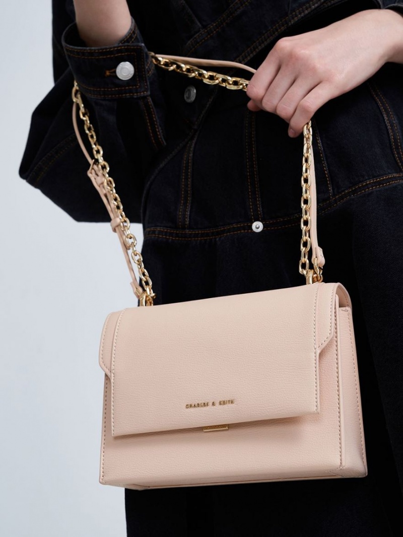 Geanta Crossbody Charles & Keith Front Flap Chain Handle Roz Deschis | 513TEBMWQ
