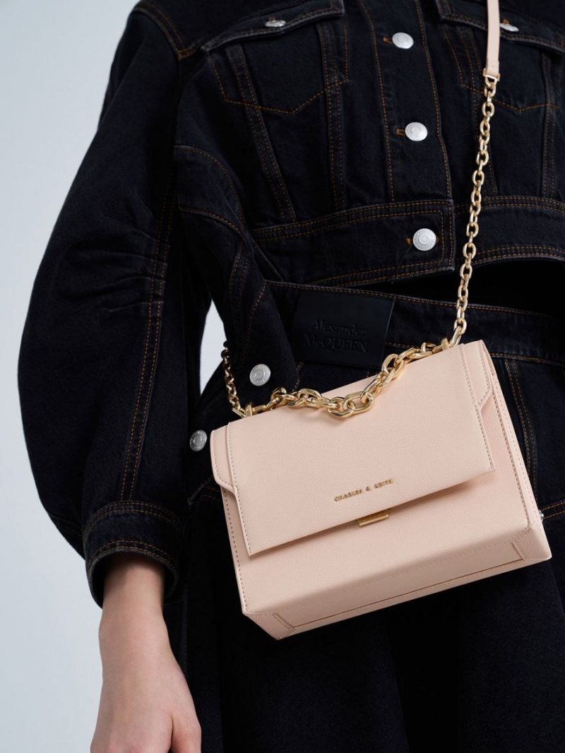 Geanta Crossbody Charles & Keith Front Flap Chain Handle Roz Deschis | 513TEBMWQ