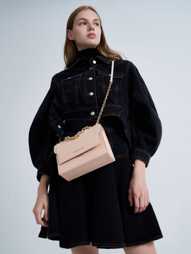 Geanta Crossbody Charles & Keith Front Flap Chain Handle Roz Deschis | 513TEBMWQ