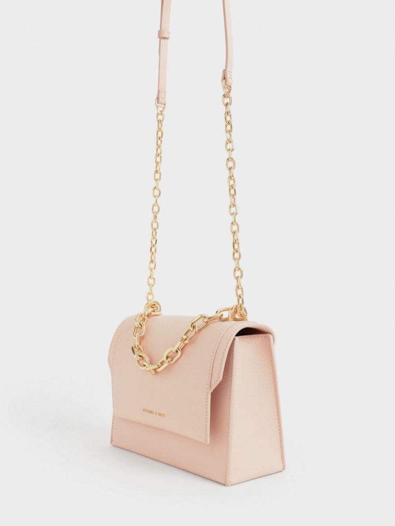 Geanta Crossbody Charles & Keith Front Flap Chain Handle Roz Deschis | 428WSZMTD