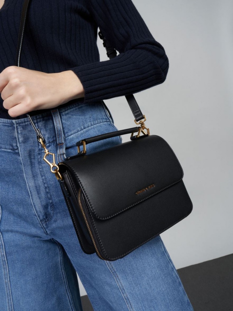 Geanta Crossbody Charles & Keith Front Flap Top Handle Negrii | 045YUAKOB