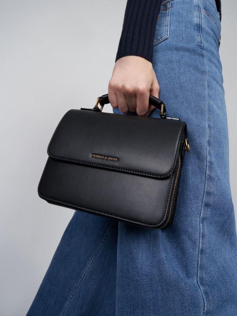Geanta Crossbody Charles & Keith Front Flap Top Handle Negrii | 045YUAKOB