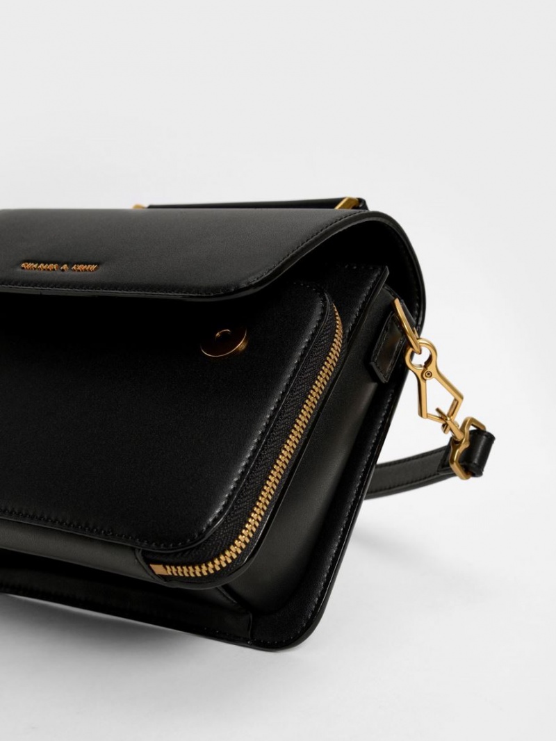 Geanta Crossbody Charles & Keith Front Flap Top Handle Negrii | 045YUAKOB