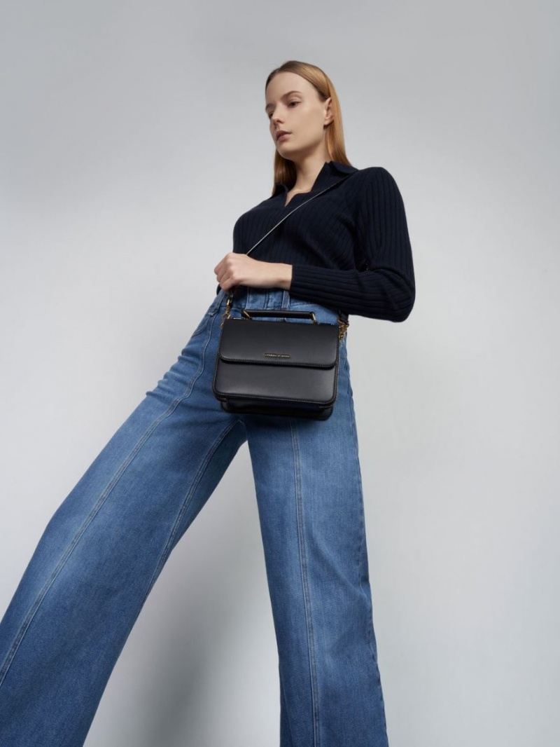 Geanta Crossbody Charles & Keith Front Flap Top Handle Negrii | 045YUAKOB
