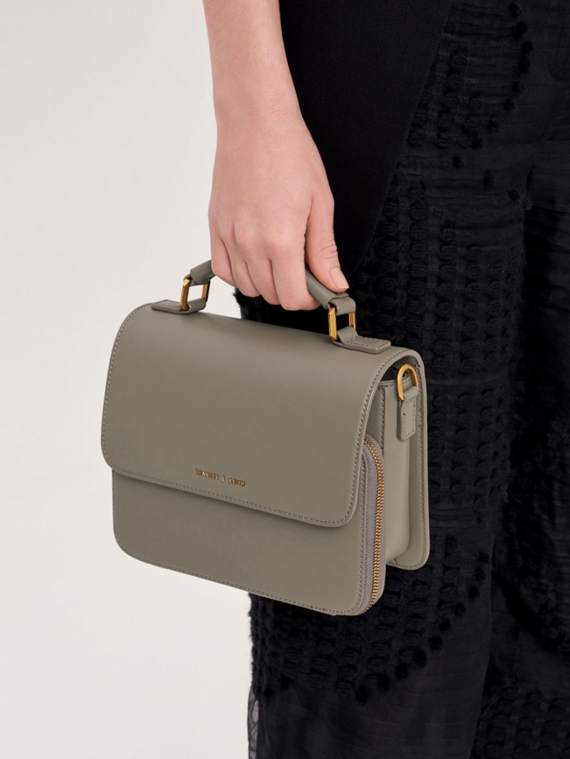 Geanta Crossbody Charles & Keith Front Flap Top Handle Gri | 402JUVCRG