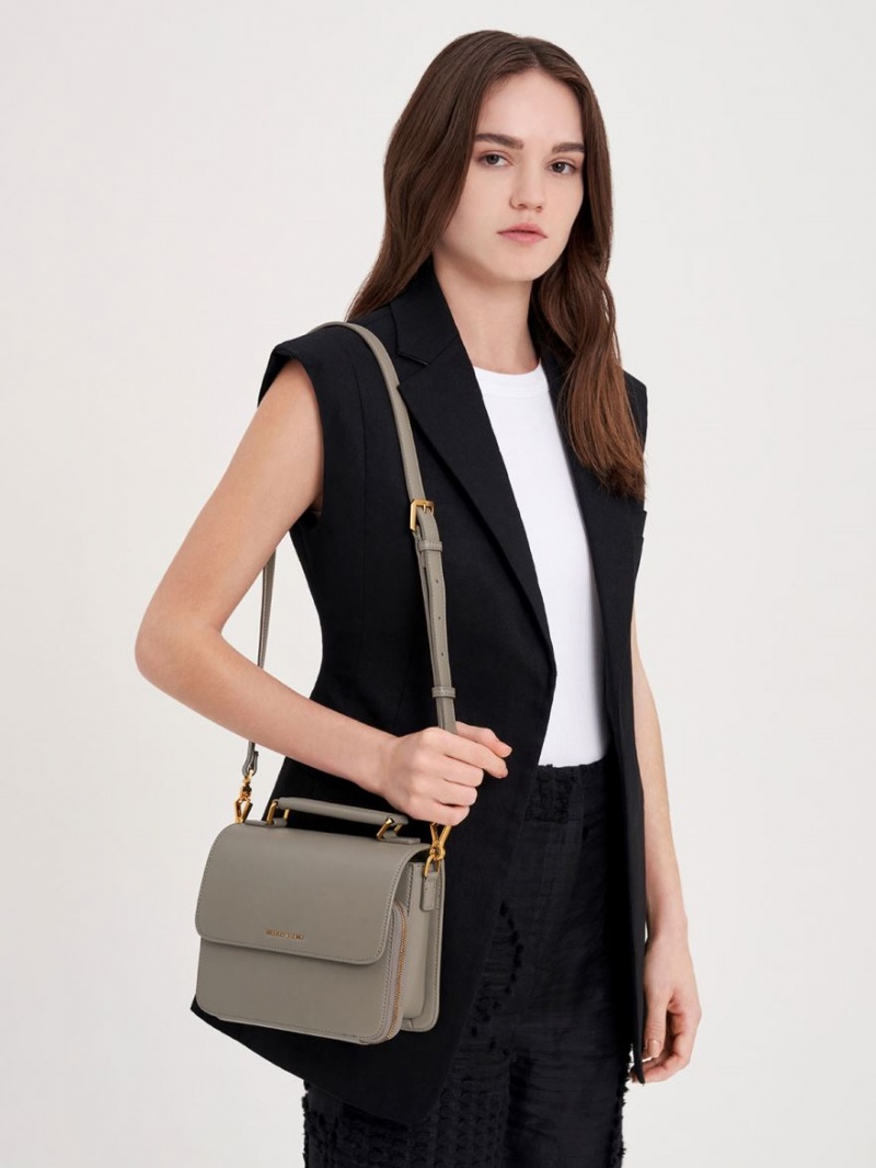 Geanta Crossbody Charles & Keith Front Flap Top Handle Gri | 402JUVCRG