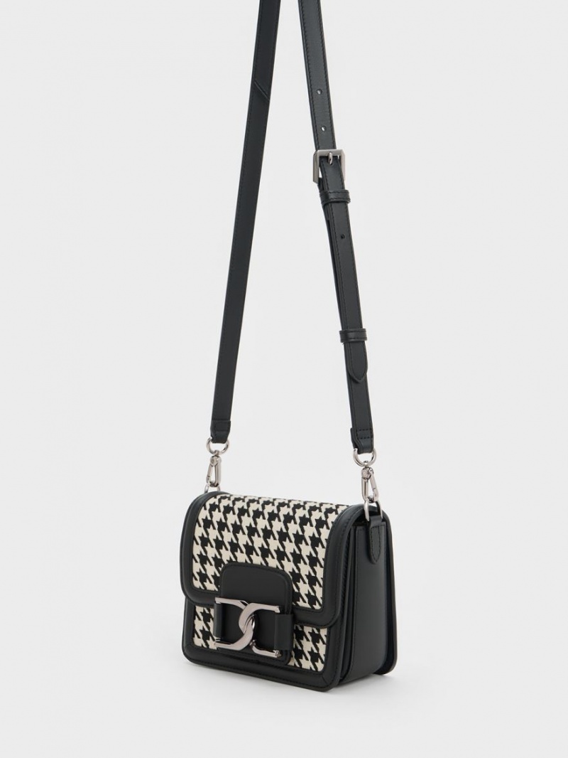Geanta Crossbody Charles & Keith Gabine Houndstooth Piele Negrii Albi | 430SXONYT