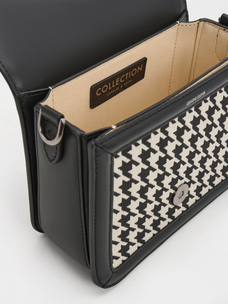 Geanta Crossbody Charles & Keith Gabine Houndstooth Piele Negrii Albi | 430SXONYT
