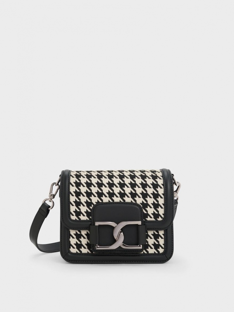 Geanta Crossbody Charles & Keith Gabine Houndstooth Piele Negrii Albi | 430SXONYT