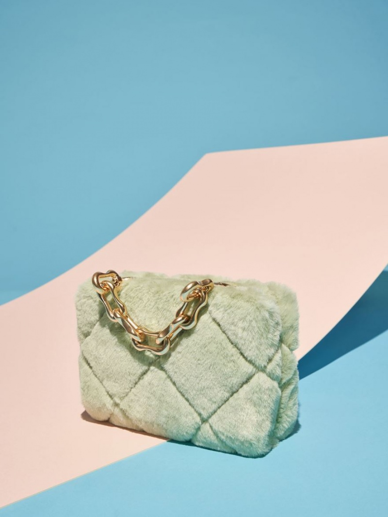 Geanta Crossbody Charles & Keith Gemma Grosolan Chain Handle Furry Matlasat Boxy Verde Menta | 532ZJLGRH