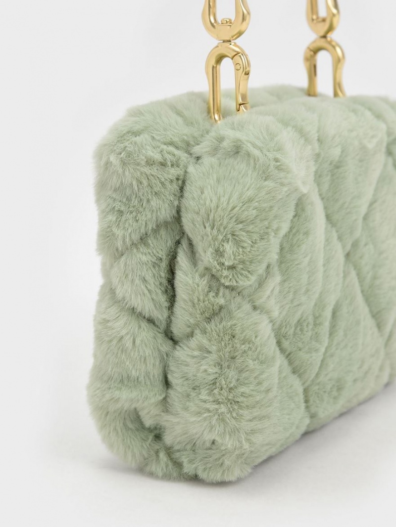 Geanta Crossbody Charles & Keith Gemma Grosolan Chain Handle Furry Matlasat Boxy Verde Menta | 532ZJLGRH