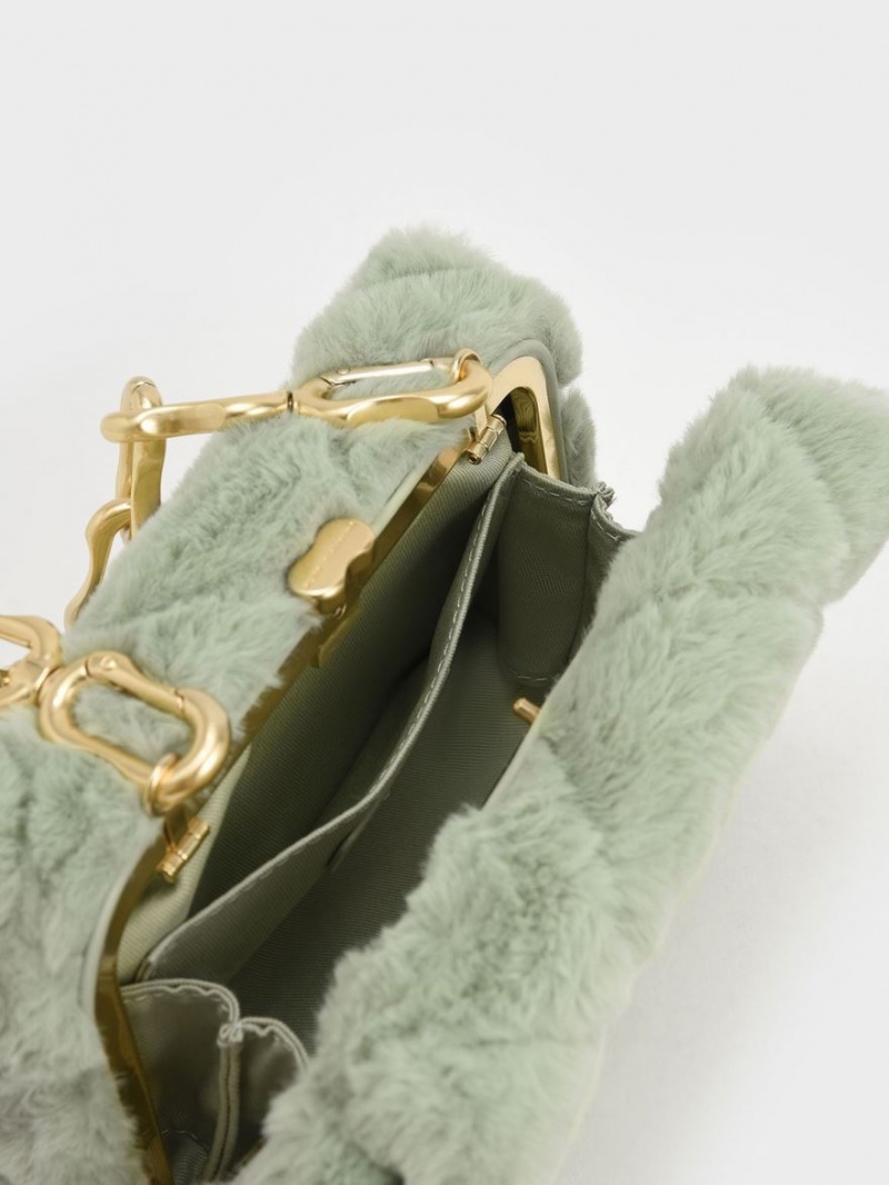 Geanta Crossbody Charles & Keith Gemma Grosolan Chain Handle Furry Matlasat Boxy Verde Menta | 532ZJLGRH